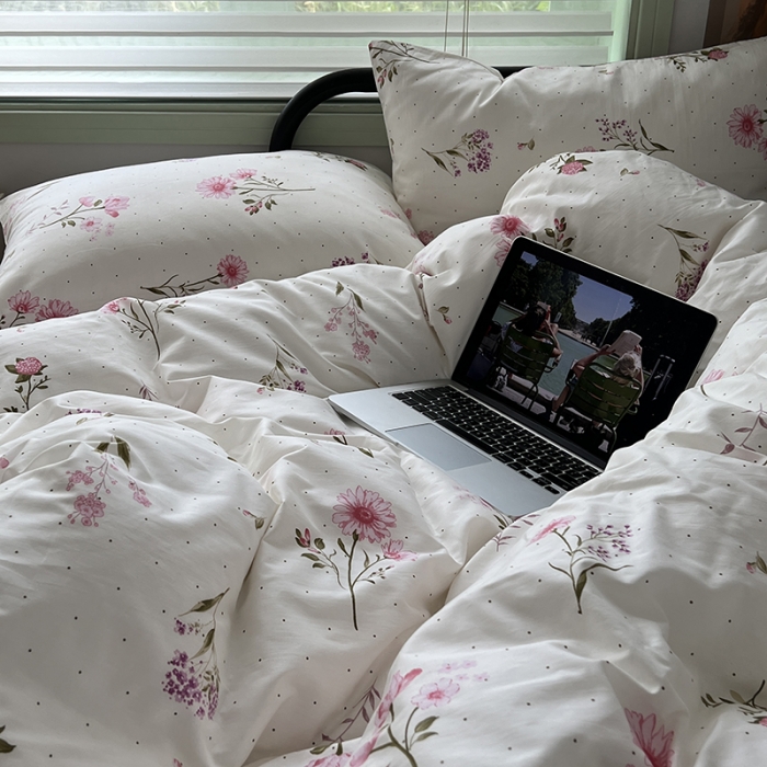 91家纺网 家纺一手货源 找家纺 昔可 2023新款全棉卡通小清新四件套 粉黛花园