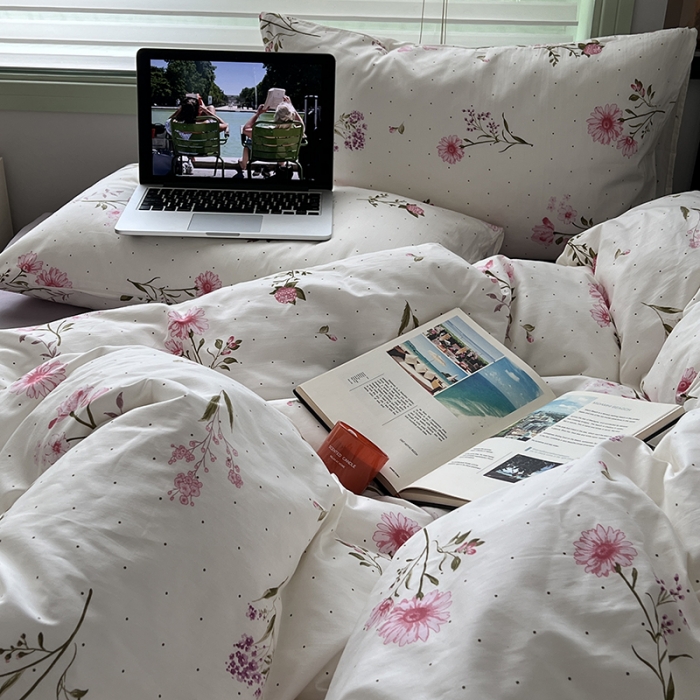 91家纺网 家纺一手货源 找家纺 昔可 2023新款全棉卡通小清新四件套 粉黛花园