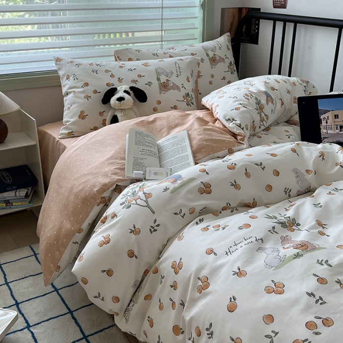 91家纺网 家纺一手货源 找家纺 昔可 2023新款全棉卡通小清新四件套 果园伙伴