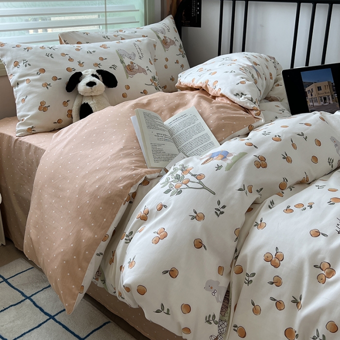 91家纺网 家纺一手货源 找家纺 昔可 2023新款全棉卡通小清新四件套 果园伙伴