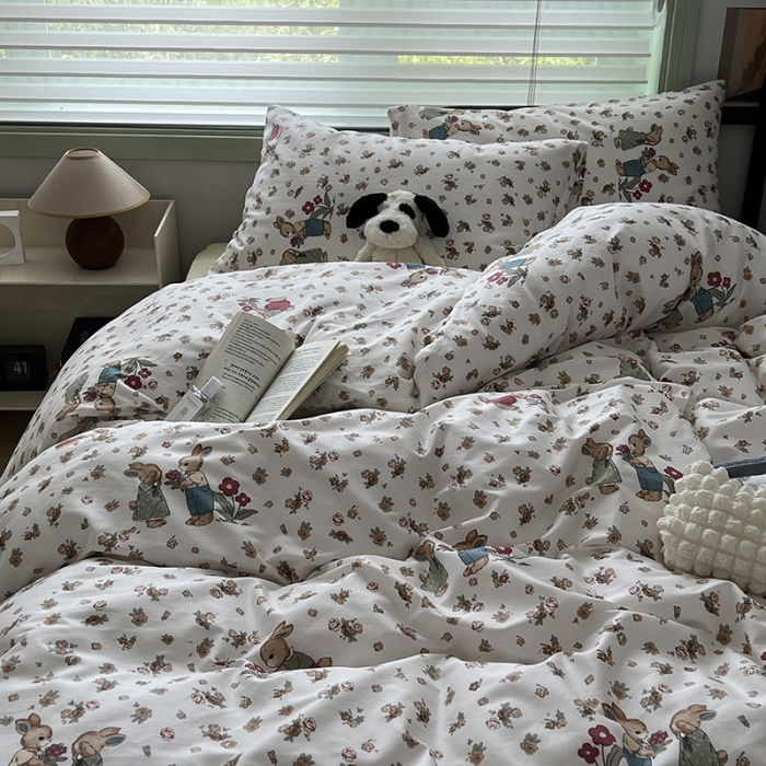 91家纺网 家纺一手货源 找家纺 昔可 2023新款全棉卡通小清新四件套 黄碎花小兔