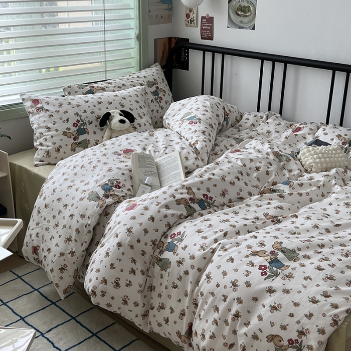 91家纺网 家纺一手货源 找家纺 昔可 2023新款全棉卡通小清新四件套 黄碎花小兔