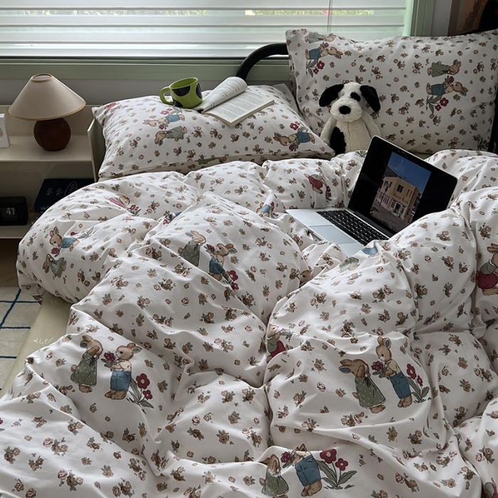 91家纺网 家纺一手货源 找家纺 昔可 2023新款全棉卡通小清新四件套 黄碎花小兔