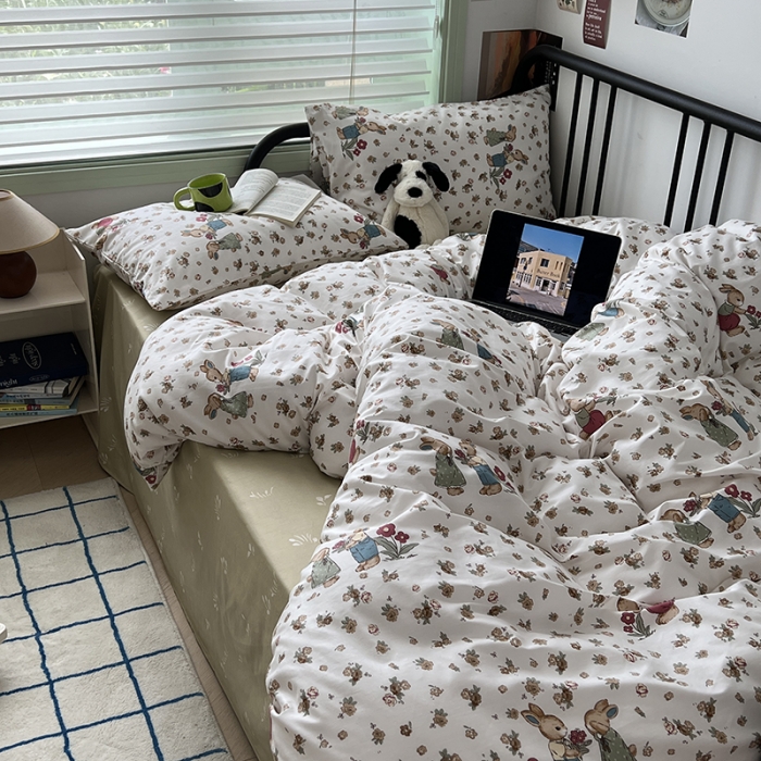 91家纺网 家纺一手货源 找家纺 昔可 2023新款全棉卡通小清新四件套 黄碎花小兔