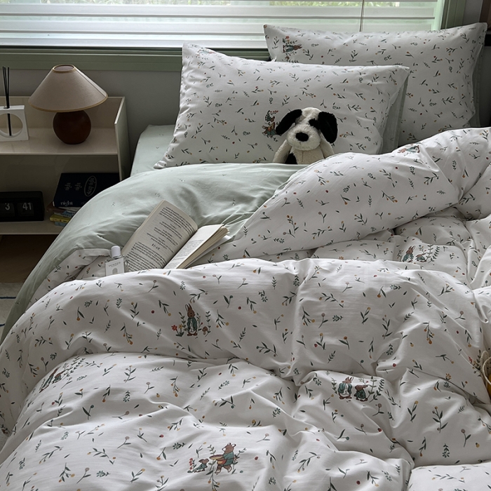 91家纺网 家纺一手货源 找家纺 昔可 2023新款全棉卡通小清新四件套 绿叶熊