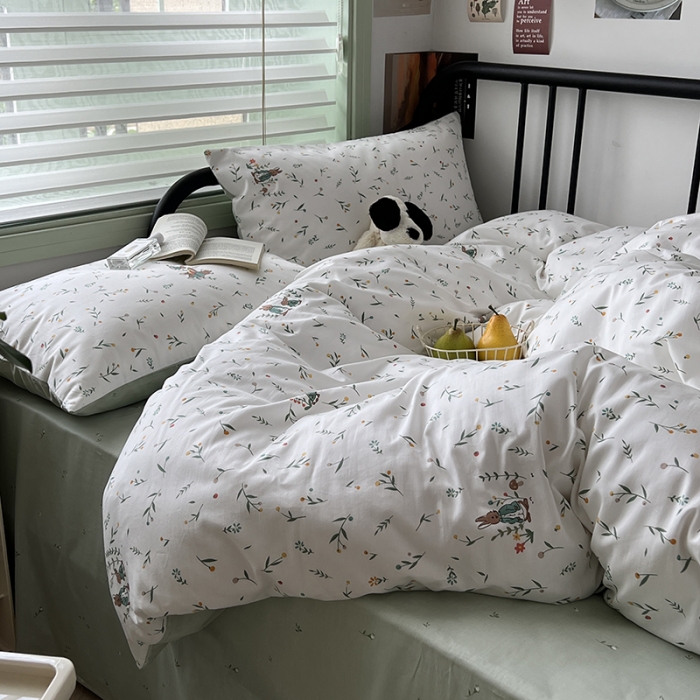 91家纺网 家纺一手货源 找家纺 昔可 2023新款全棉卡通小清新四件套 绿叶熊