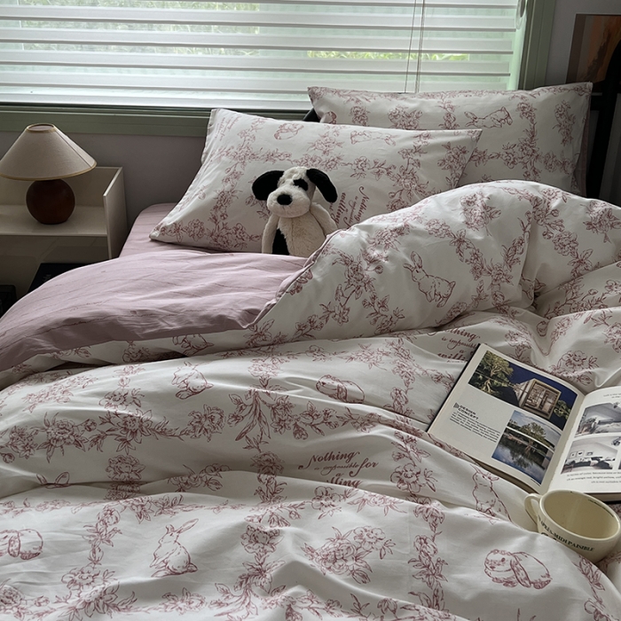 91家纺网 家纺一手货源 找家纺 昔可 2023新款全棉卡通小清新四件套 素描兔兔