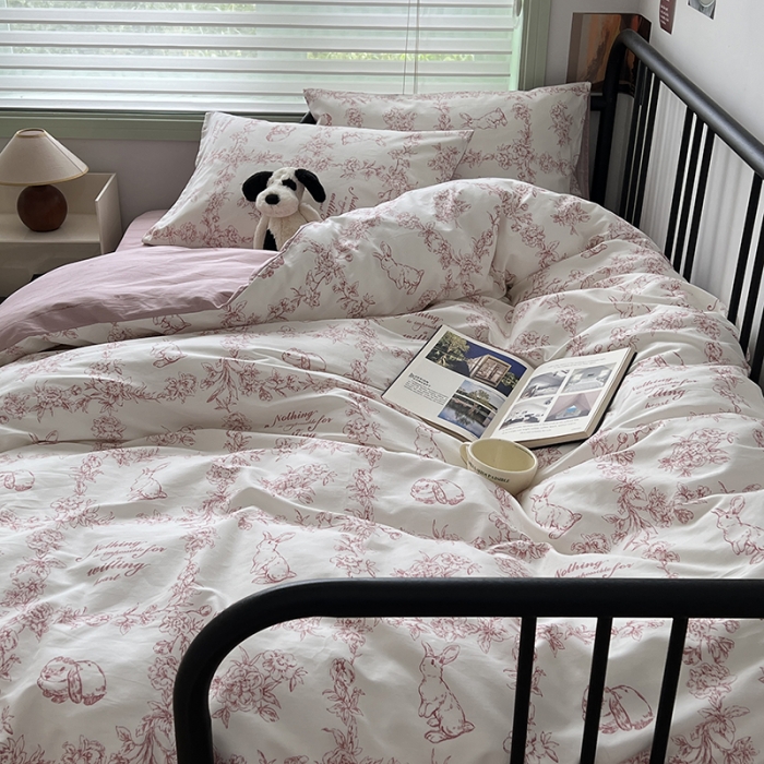 91家纺网 家纺一手货源 找家纺 昔可 2023新款全棉卡通小清新四件套 素描兔兔