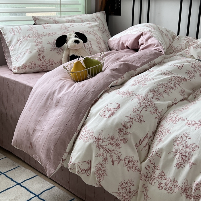 91家纺网 家纺一手货源 找家纺 昔可 2023新款全棉卡通小清新四件套 素描兔兔