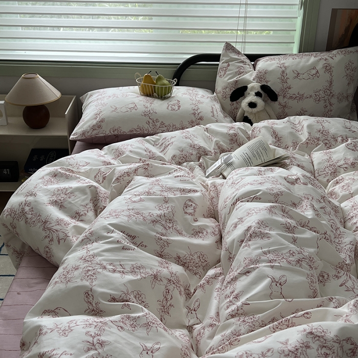 91家纺网 家纺一手货源 找家纺 昔可 2023新款全棉卡通小清新四件套 素描兔兔