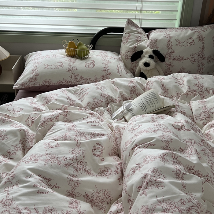 91家纺网 家纺一手货源 找家纺 昔可 2023新款全棉卡通小清新四件套 素描兔兔