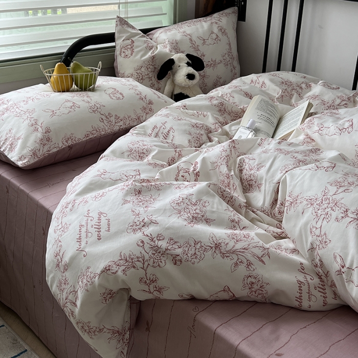 91家纺网 家纺一手货源 找家纺 昔可 2023新款全棉卡通小清新四件套 素描兔兔