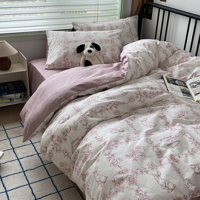 91家纺网 家纺一手货源 找家纺 昔可 2023新款全棉卡通小清新四件套 素描兔兔