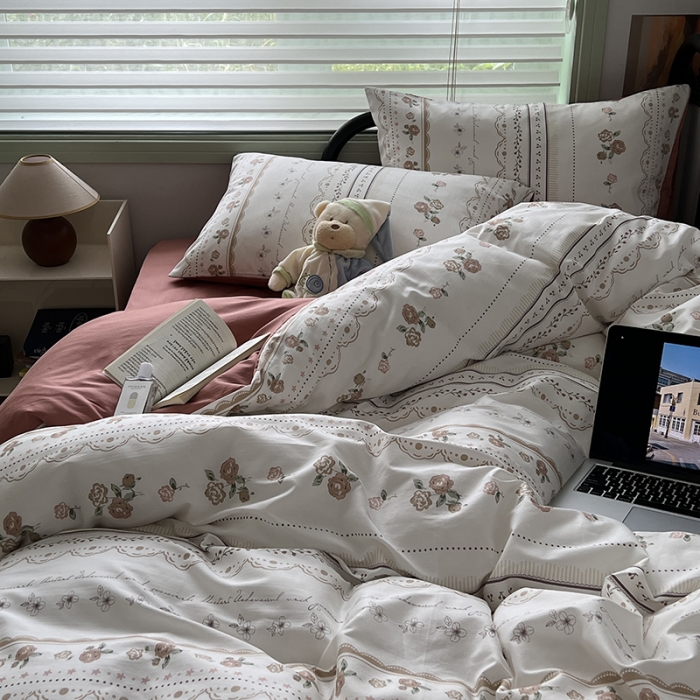 91家纺网 家纺一手货源 找家纺 昔可 2023新款全棉卡通小清新四件套 英国梨与小苍兰