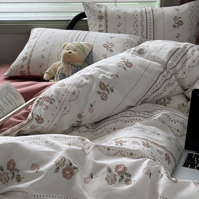 91家纺网 家纺一手货源 找家纺 昔可 2023新款全棉卡通小清新四件套 英国梨与小苍兰