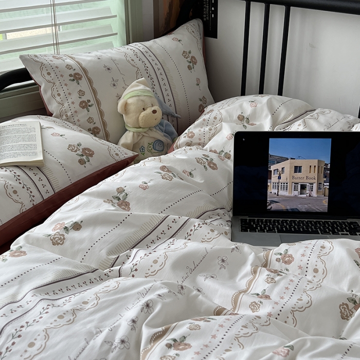 91家纺网 家纺一手货源 找家纺 昔可 2023新款全棉卡通小清新四件套 英国梨与小苍兰