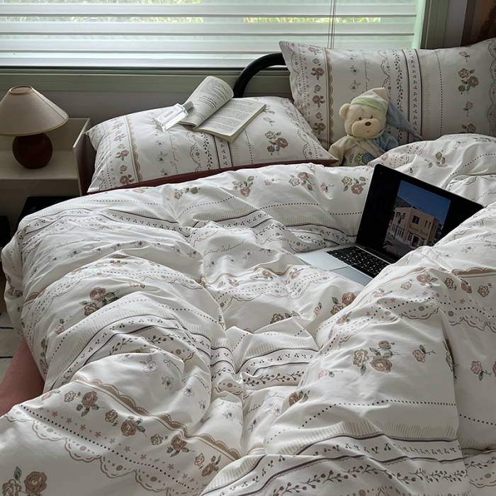 91家纺网 家纺一手货源 找家纺 昔可 2023新款全棉卡通小清新四件套 英国梨与小苍兰