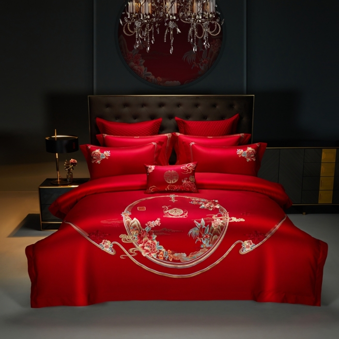 91家纺网 家纺一手货源 找家纺 美娘阁 2023年秋冬新品长绒棉刺绣系列婚庆 四件套/多件套 爱相随