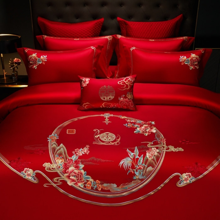 91家纺网 家纺一手货源 找家纺 美娘阁 2023年秋冬新品长绒棉刺绣系列婚庆 四件套/多件套 爱相随