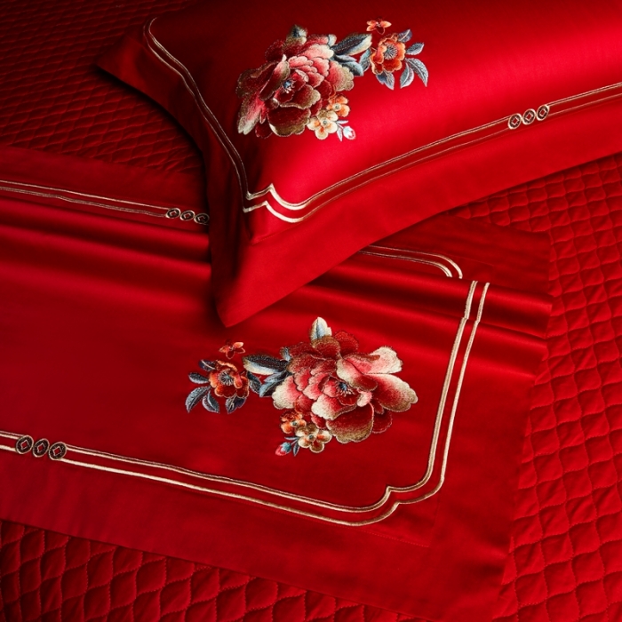 91家纺网 家纺一手货源 找家纺 美娘阁 2023年秋冬新品长绒棉刺绣系列婚庆 四件套/多件套 爱相随