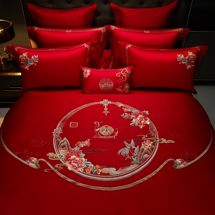 91家纺网 家纺一手货源 找家纺 美娘阁 2023年秋冬新品长绒棉刺绣系列婚庆 四件套/多件套 爱相随