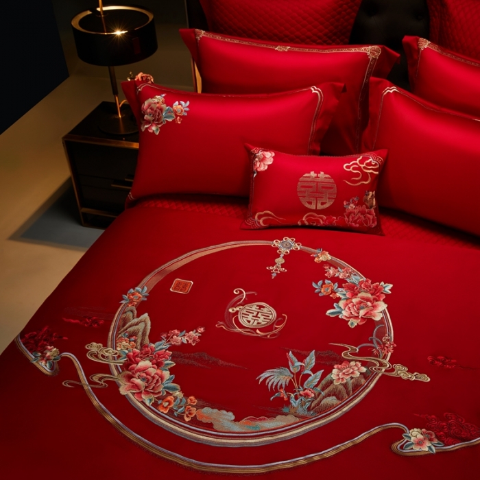 91家纺网 家纺一手货源 找家纺 美娘阁 2023年秋冬新品长绒棉刺绣系列婚庆 四件套/多件套 爱相随