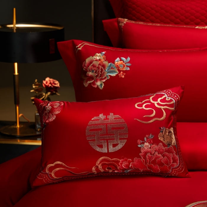 91家纺网 家纺一手货源 找家纺 美娘阁 2023年秋冬新品长绒棉刺绣系列婚庆 四件套/多件套 爱相随