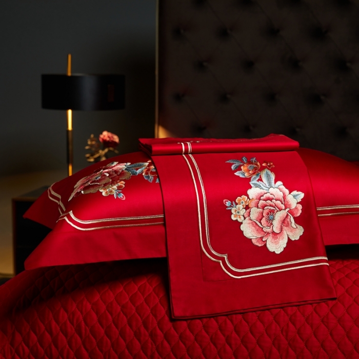 91家纺网 家纺一手货源 找家纺 美娘阁 2023年秋冬新品长绒棉刺绣系列婚庆 四件套/多件套 爱相随