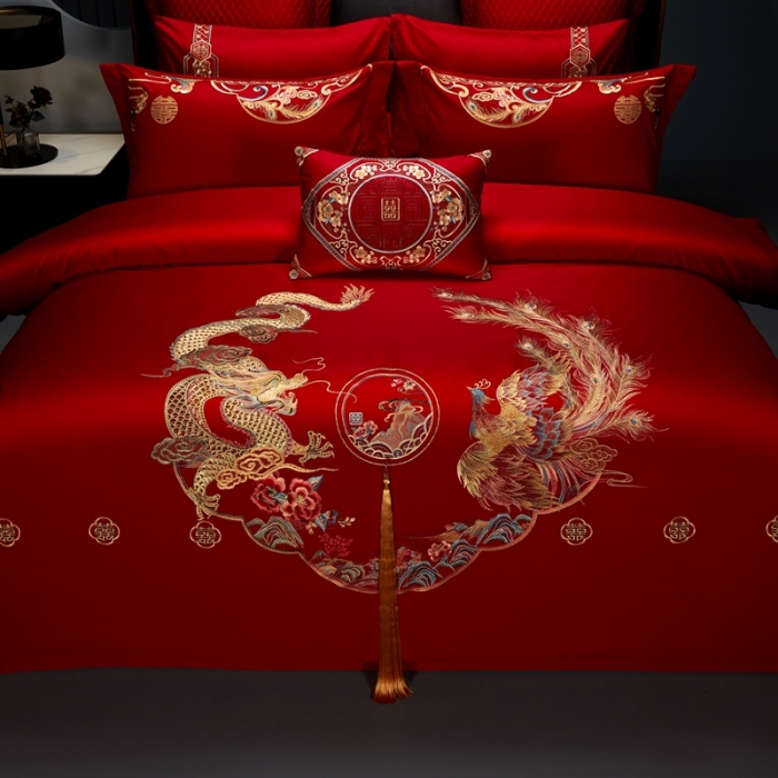 91家纺网 家纺一手货源 找家纺 美娘阁 2023年秋冬新品长绒棉刺绣系列婚庆 四件套/多件套 龙飞凤舞