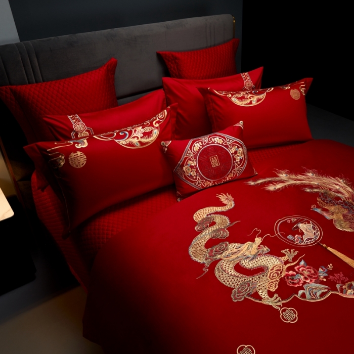 91家纺网 家纺一手货源 找家纺 美娘阁 2023年秋冬新品长绒棉刺绣系列婚庆 四件套/多件套 龙飞凤舞