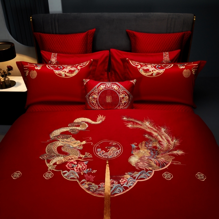 91家纺网 家纺一手货源 找家纺 美娘阁 2023年秋冬新品长绒棉刺绣系列婚庆 四件套/多件套 龙飞凤舞