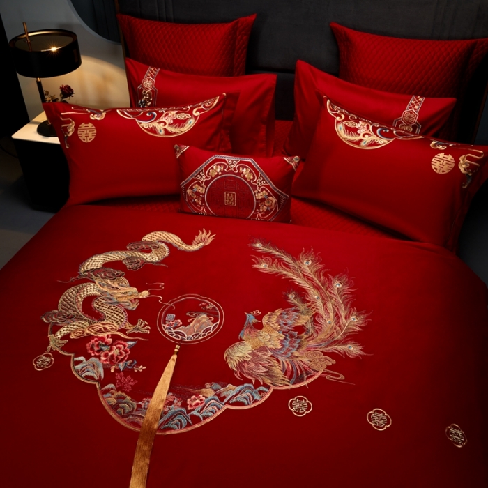 91家纺网 家纺一手货源 找家纺 美娘阁 2023年秋冬新品长绒棉刺绣系列婚庆 四件套/多件套 龙飞凤舞