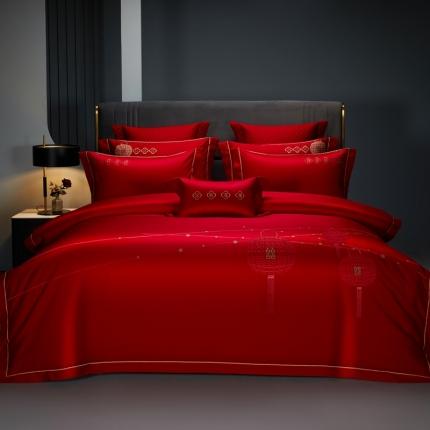 美娘阁 2023年秋冬新品长绒棉刺绣系列婚庆 四件套/多件套 喜结连理  红