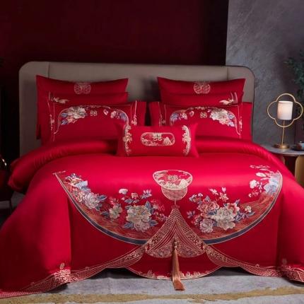 91家纺网 家纺一手货源 找家纺 美娘阁 2023年秋冬新款双面长绒棉刺绣提花工艺系列款婚庆套件 春风十里