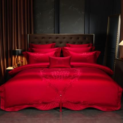 91家纺网 家纺一手货源 找家纺 美娘阁 2023年秋冬新款双面长绒棉刺绣提花工艺系列款婚庆套件 玫瑰恋人（红）