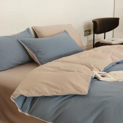 万盛家纺 2025新款全棉水洗棉拼色四件套 宾利蓝拼淡咖
