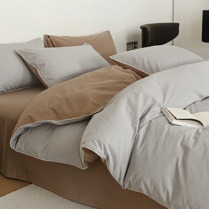 91家纺网 家纺一手货源 找家纺 万盛家纺 2025新款全棉水洗棉拼色四件套 灰拼浅咖