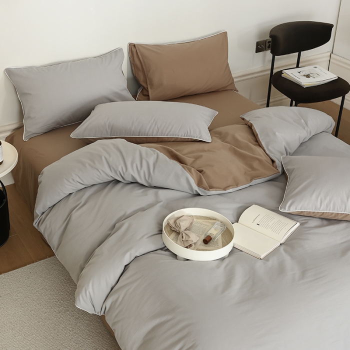 91家纺网 家纺一手货源 找家纺 万盛家纺 2025新款全棉水洗棉拼色四件套 灰拼浅咖