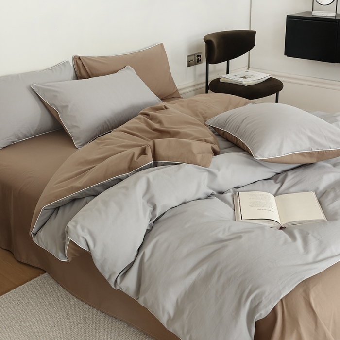 91家纺网 家纺一手货源 找家纺 万盛家纺 2025新款全棉水洗棉拼色四件套 灰拼浅咖