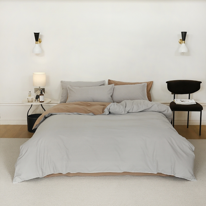 91家纺网 家纺一手货源 找家纺 万盛家纺 2025新款全棉水洗棉拼色四件套 灰拼浅咖