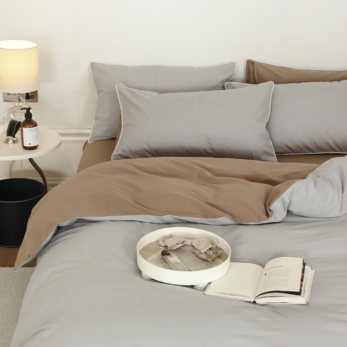 91家纺网 家纺一手货源 找家纺 万盛家纺 2025新款全棉水洗棉拼色四件套 灰拼浅咖