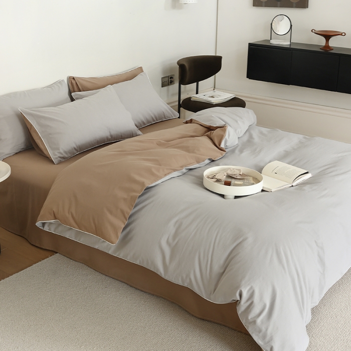 91家纺网 家纺一手货源 找家纺 万盛家纺 2025新款全棉水洗棉拼色四件套 灰拼浅咖