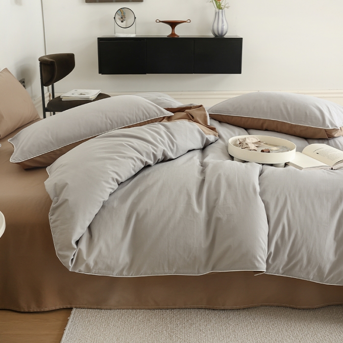 91家纺网 家纺一手货源 找家纺 万盛家纺 2025新款全棉水洗棉拼色四件套 灰拼浅咖