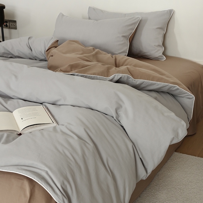 91家纺网 家纺一手货源 找家纺 万盛家纺 2025新款全棉水洗棉拼色四件套 灰拼浅咖