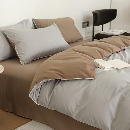 万盛家纺 2025新款全棉水洗棉拼色四件套 灰拼浅咖