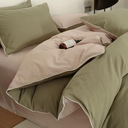 万盛家纺 2025新款全棉水洗棉拼色四件套 抹茶绿拼淡咖