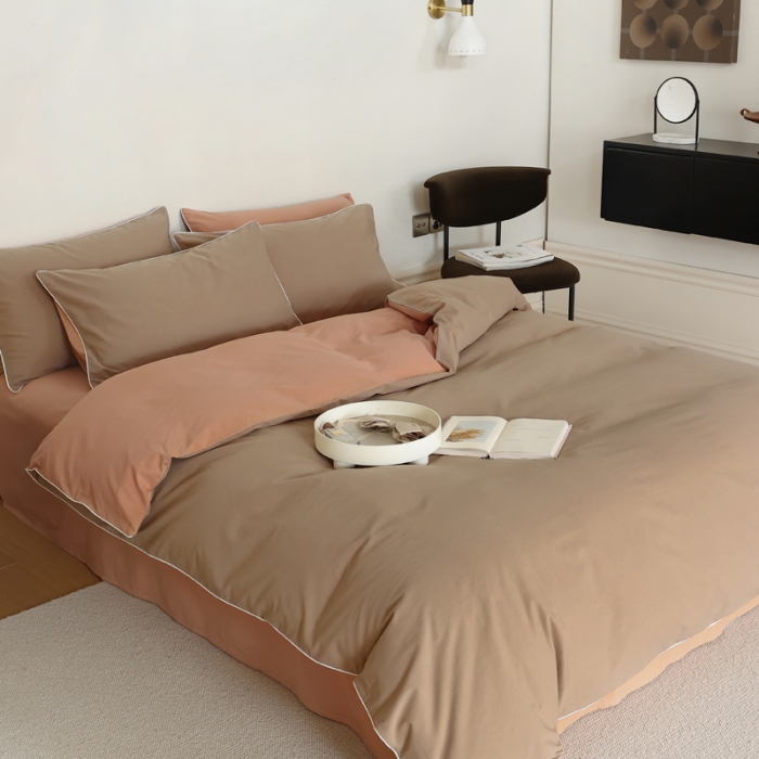 91家纺网 家纺一手货源 找家纺 万盛家纺 2025新款全棉水洗棉拼色四件套 浅咖拼软桃