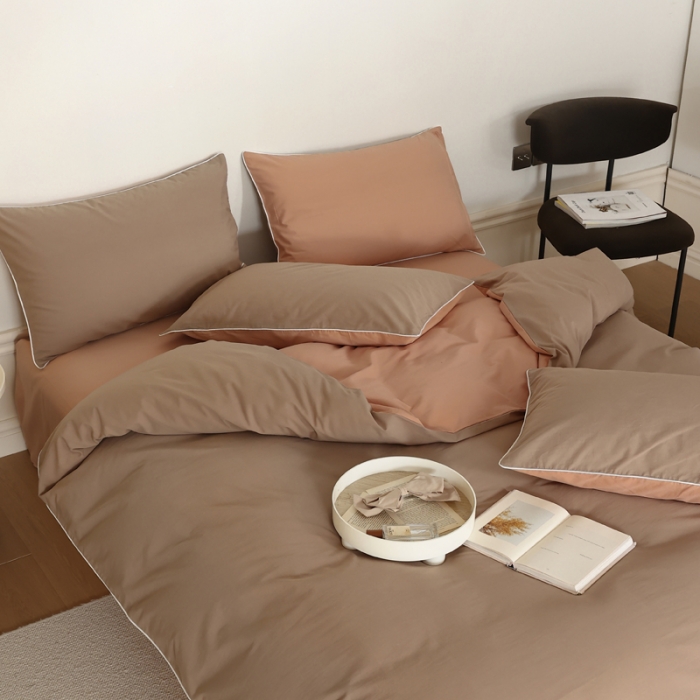 91家纺网 家纺一手货源 找家纺 万盛家纺 2025新款全棉水洗棉拼色四件套 浅咖拼软桃