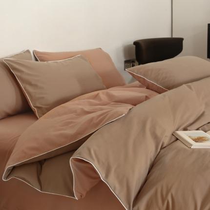 万盛家纺 2025新款全棉水洗棉拼色四件套 浅咖拼软桃