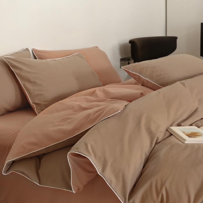 91家纺网 家纺一手货源 找家纺 万盛家纺 2025新款全棉水洗棉拼色四件套 浅咖拼软桃